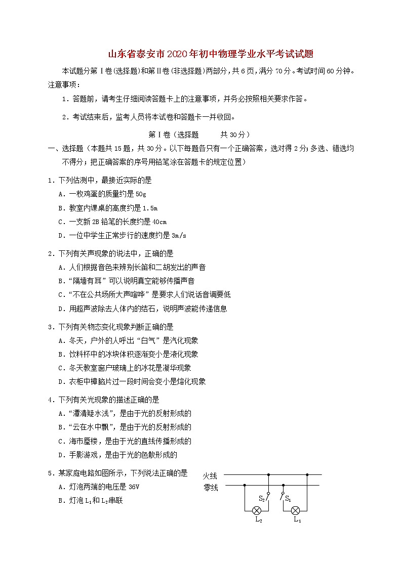 山东省泰安市2020年初中物理学业水平考试试题第1页