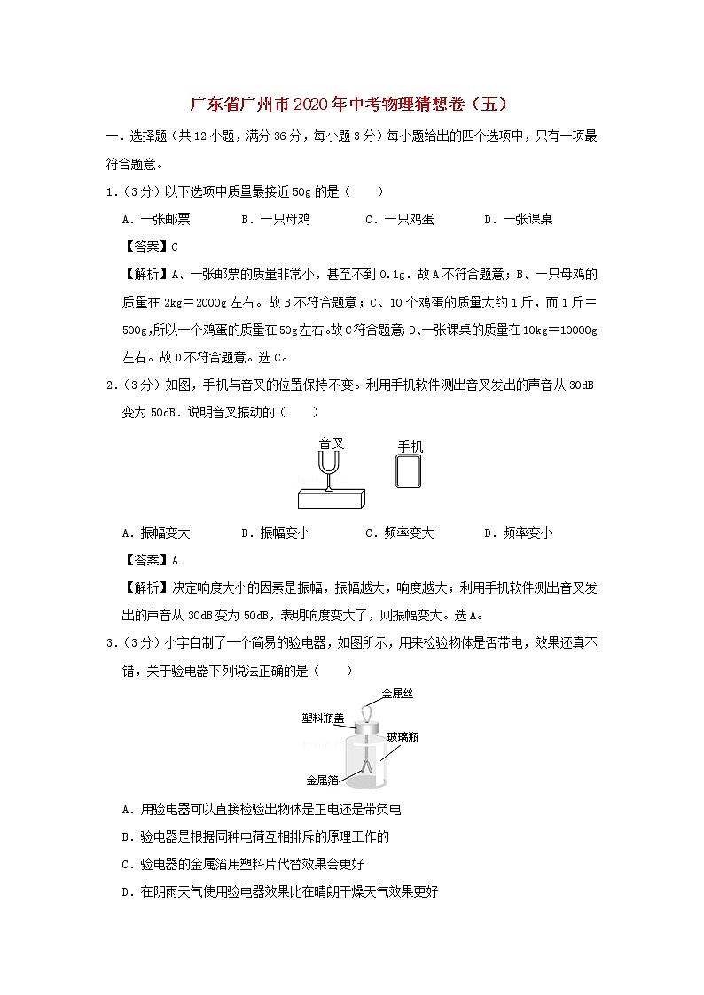 广东省广州市2020年中考物理猜想卷（五）（含解析）第1页