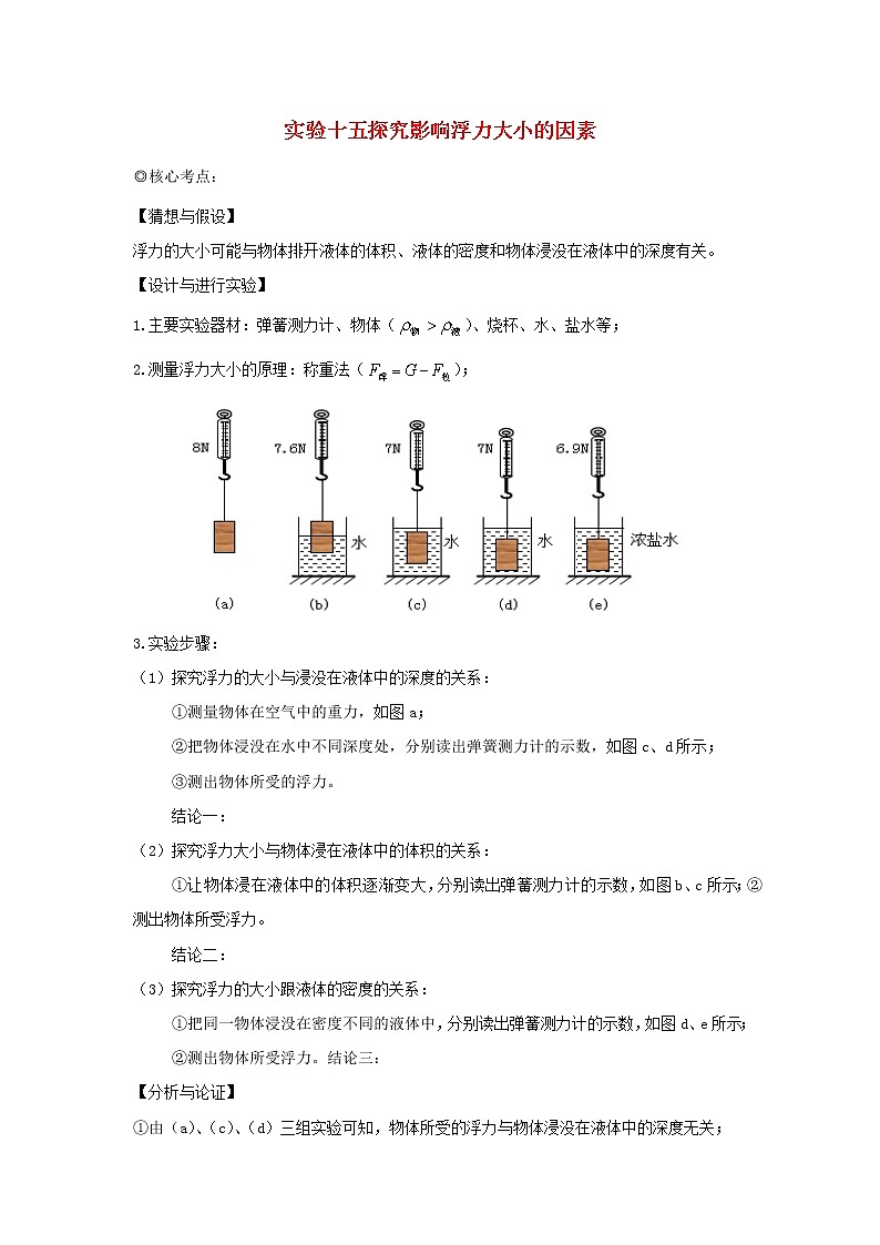 中考物理实验专题突破针对训练实验15探究影响浮力大小的因素01