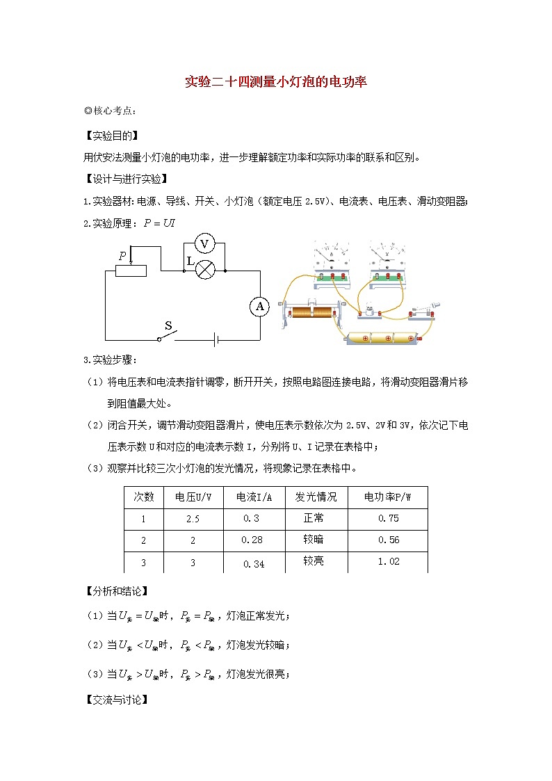 中考物理实验专题突破针对训练实验24测量小灯泡的电功率01