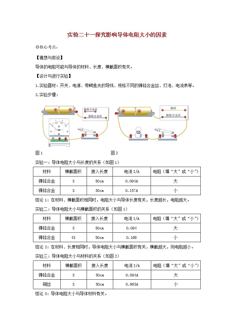 中考物理实验专题突破针对训练实验21探究影响导体电阻大小的因素01