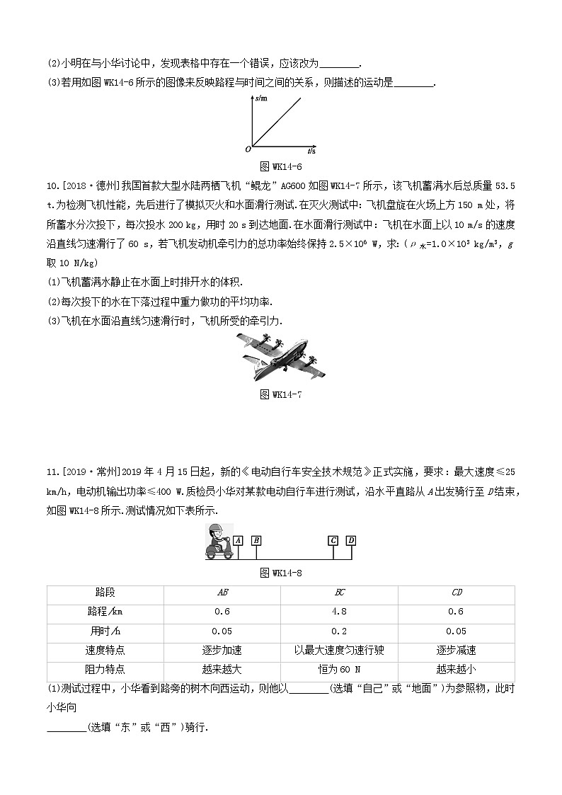 杭州专版2020中考物理复习方案课时训练14功功率03