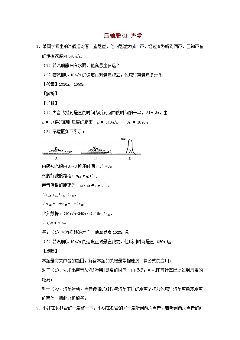 尖子生专用2020中考物理挑战压轴题专题01声学含解析第1页