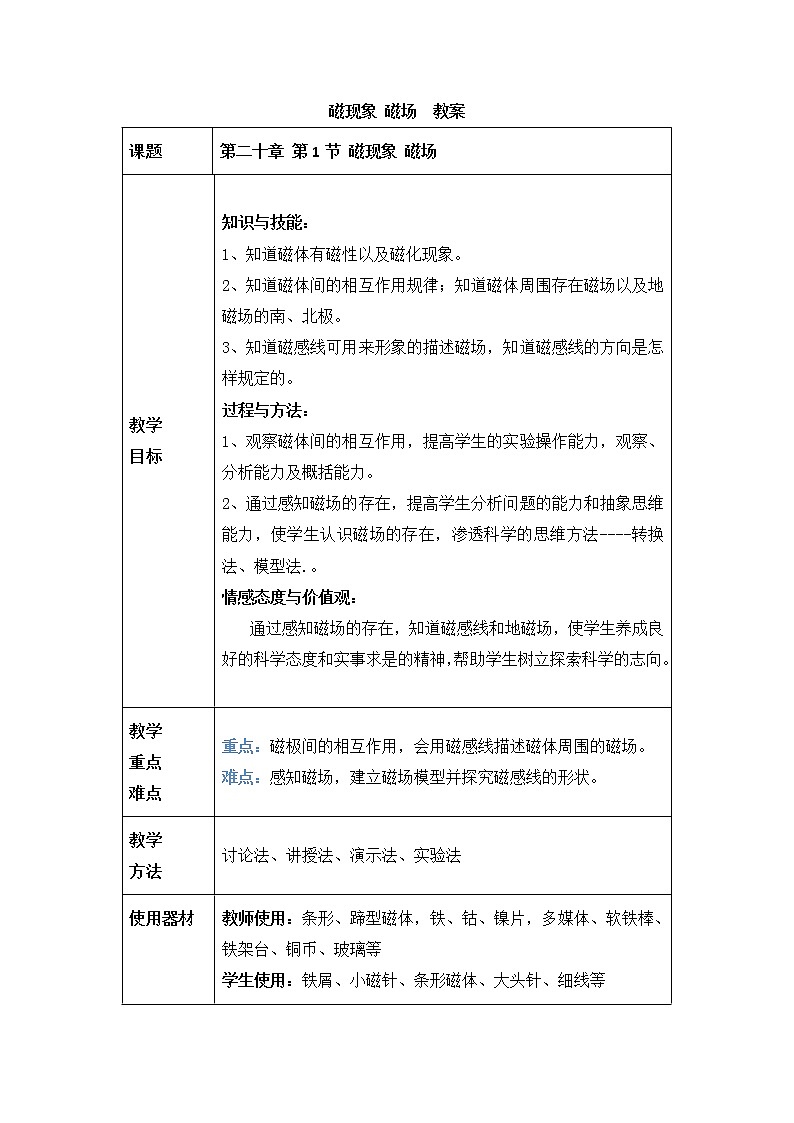 人教版物理九年级上册20.1磁现象 磁场 教案01