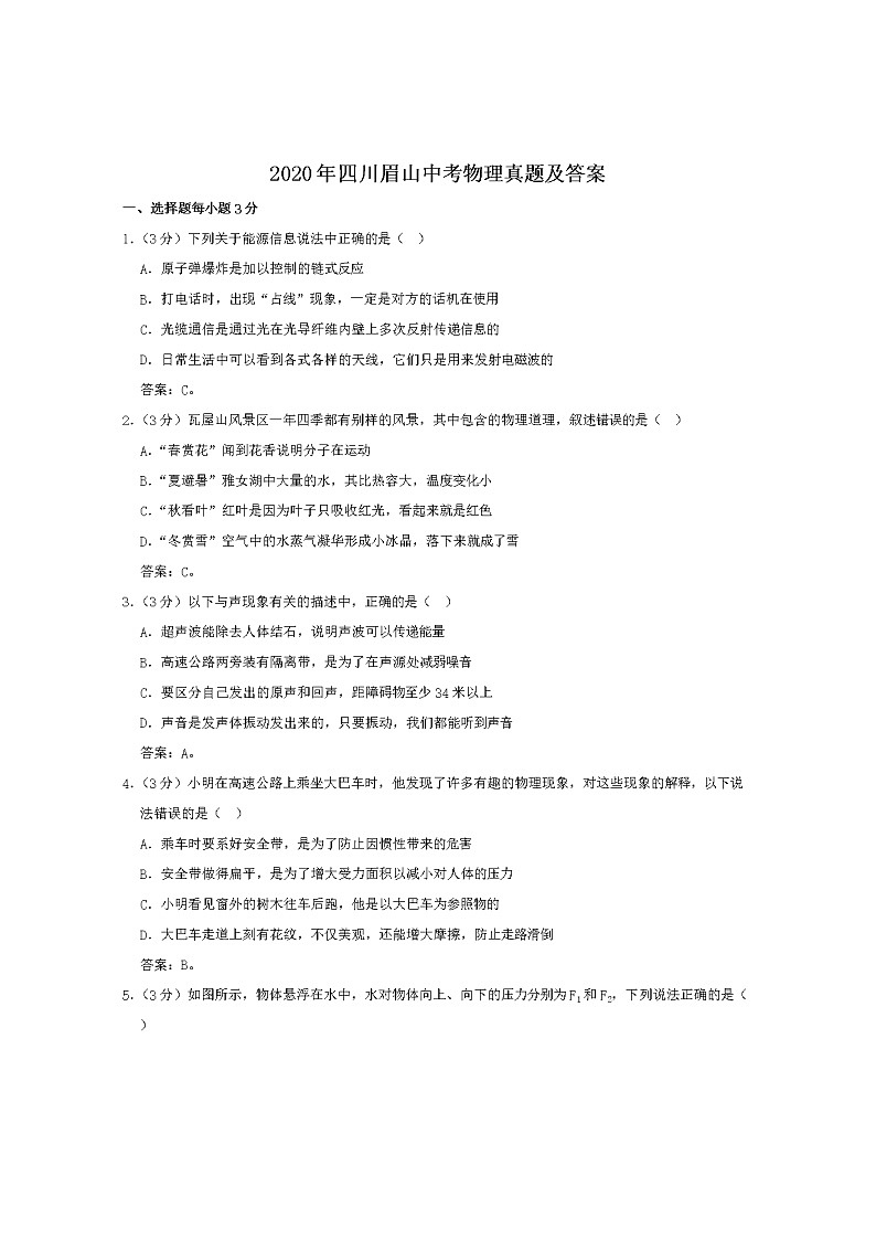 2020年四川眉山中考物理试卷及答案01