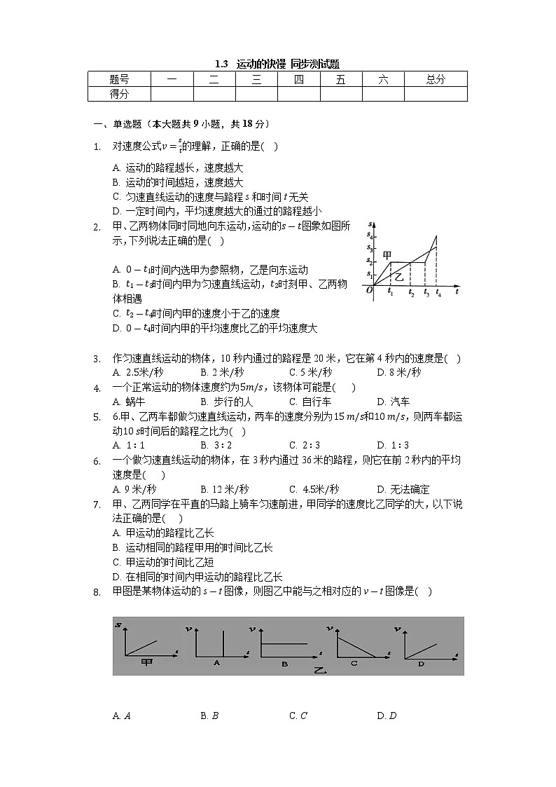 人教版八年级物理上册 1.3 运动的快慢 同步测试题（无答案）01