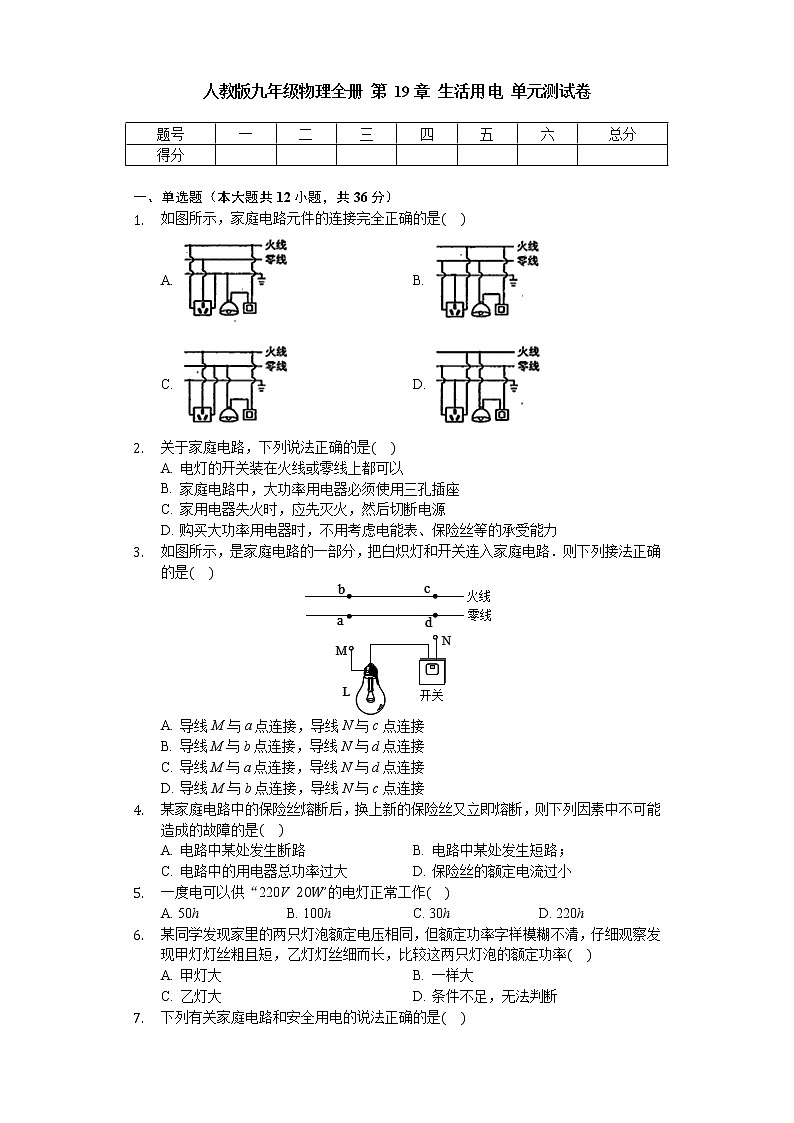 人教版九年级物理全册 第19章 生活用电 单元测试卷（无答案）第1页