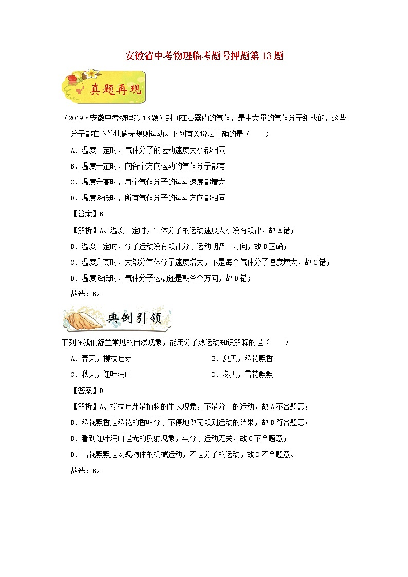 安徽省中考物理临考题号押题第13题（含解析）01