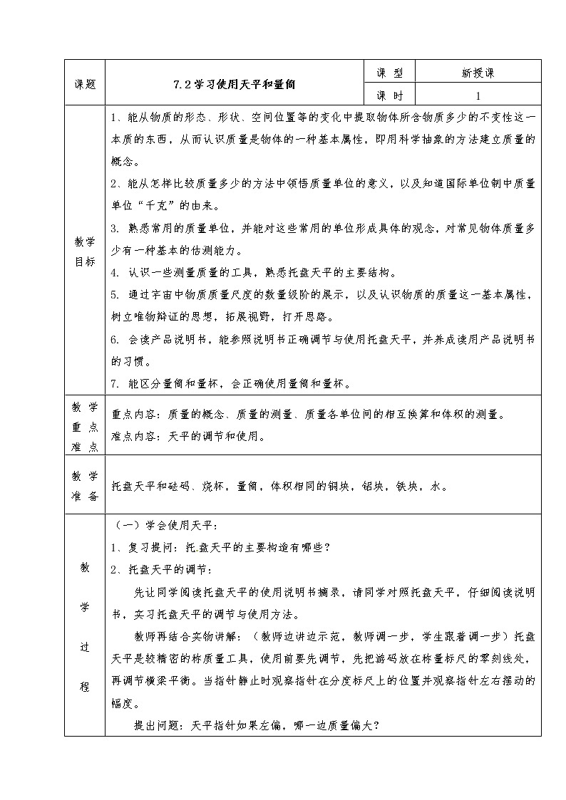 沪科版八年级物理下册全册教案7.2 学习使用天平和量筒01