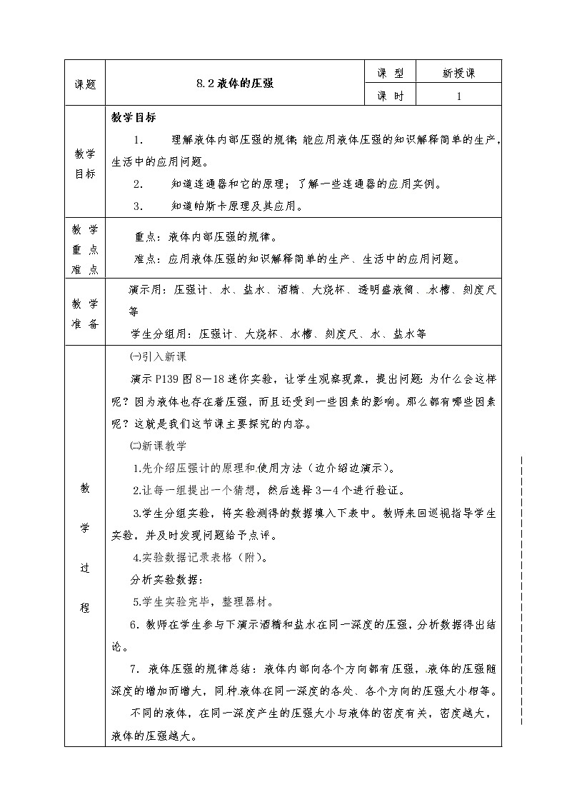 沪科版八年级物理下册全册教案8.2 科学探究：液体的压强01