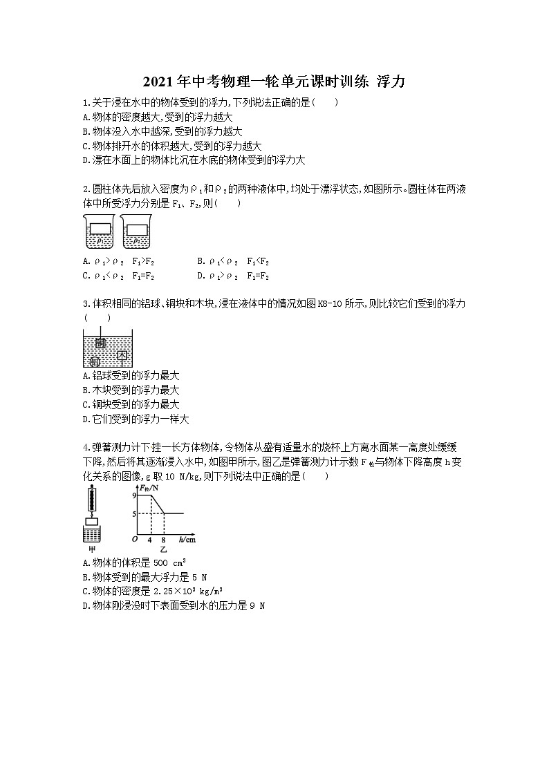 2021年中考物理一轮单元课时训练 浮力（含答案解析）第1页
