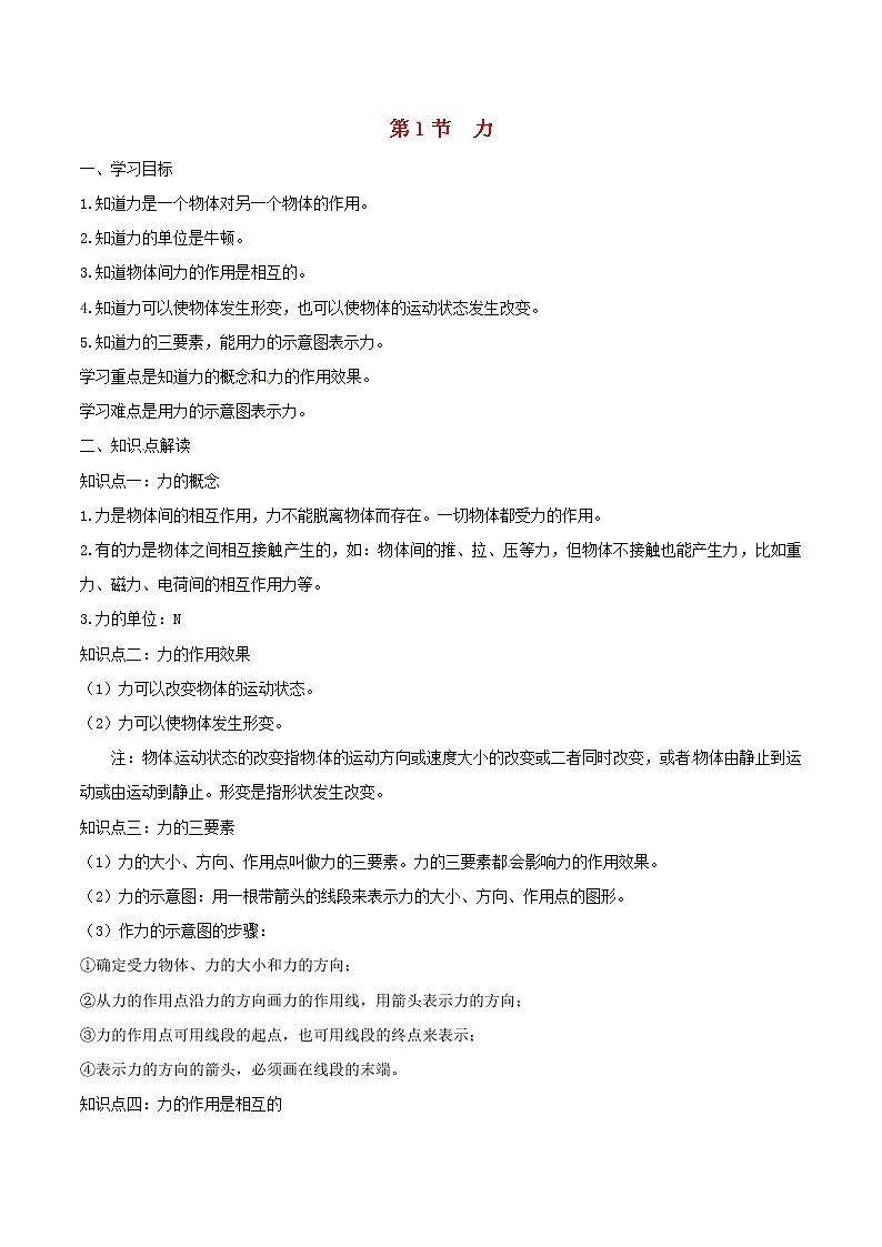 人教版2020年八年级物理下册7.1力知识点突破与课时作业（含答案解析）01