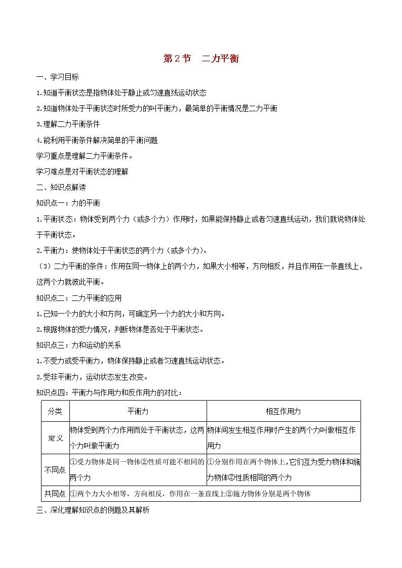 人教版2020年八年级物理下册8.2二力平衡知识点突破与课时作业（含答案解析）01