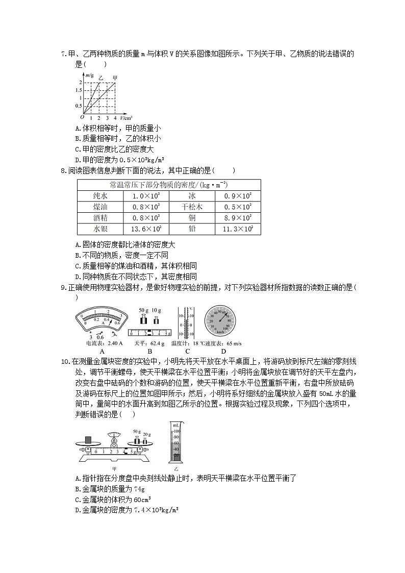 2021年中考物理一轮课时训练题 质量与密度（含答案）02