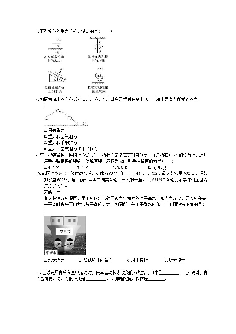 2021年中考物理一轮课时训练题 力（含答案）02