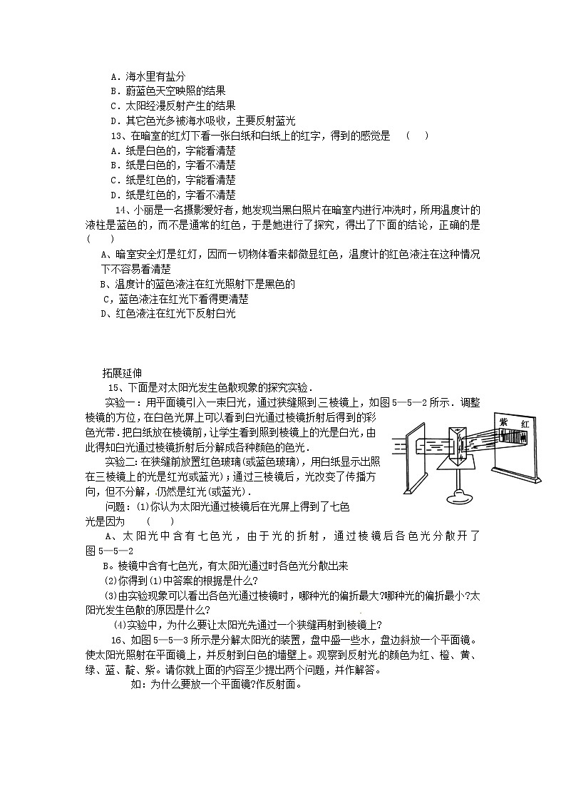 2020年北师大版八年级物理上册第5章 第5节 《物体的颜色》 同步作业（含答案）第2页