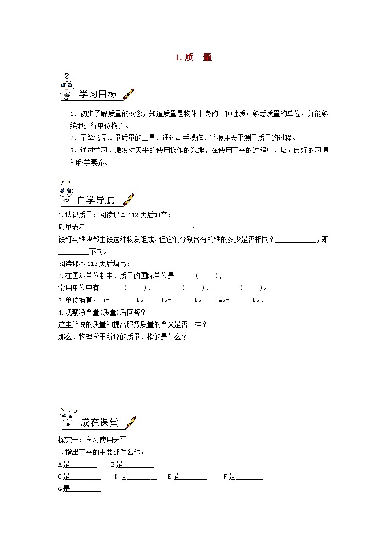 教科版八年级物理上册第6章第1节《质量》学案01