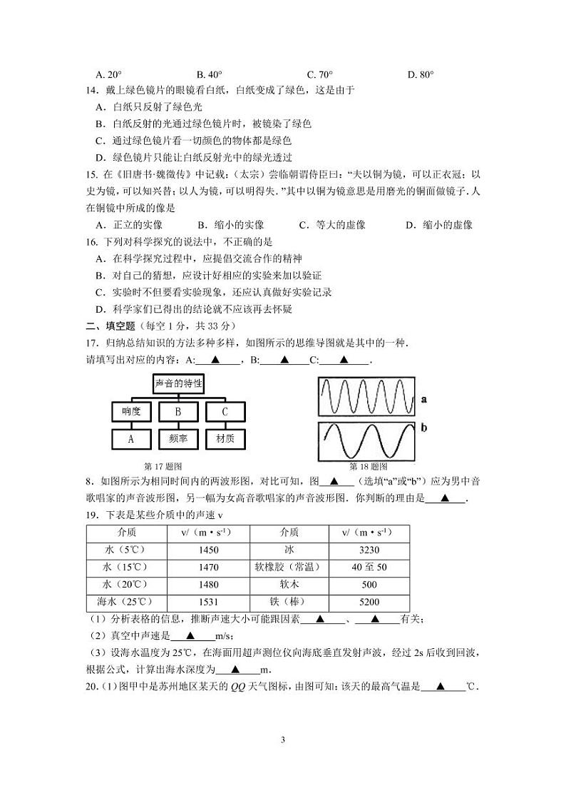江苏省苏州市吴中区2019～2020年度第一学期初二物理期中教学质量监测（不含答案）第3页