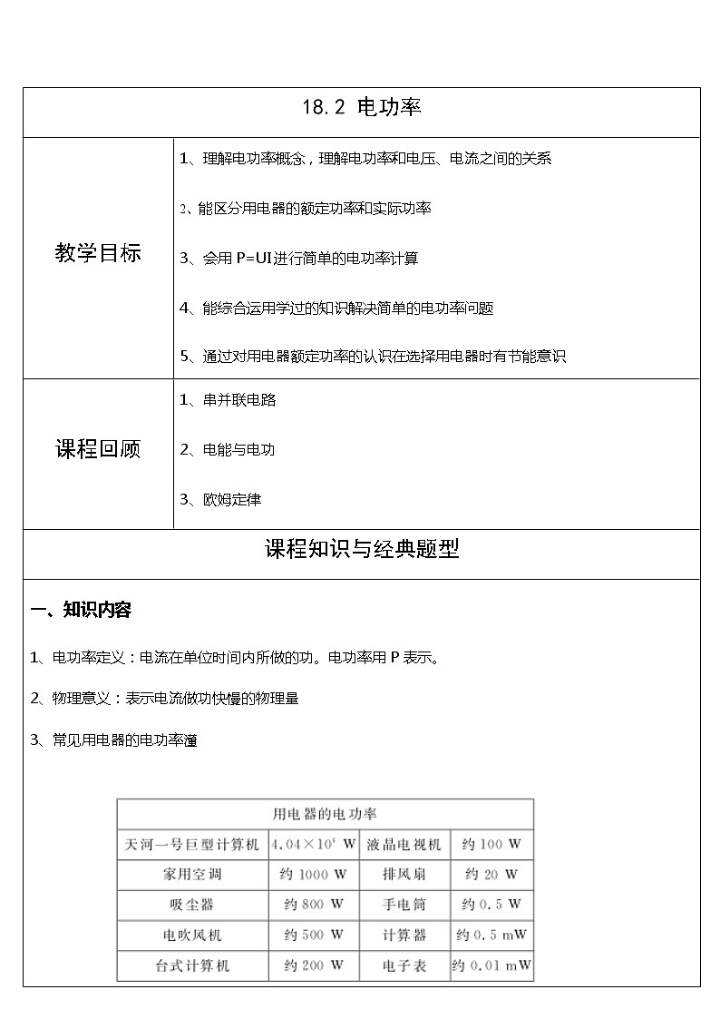 人教版物理九年级18.2电功率  复习教学案01