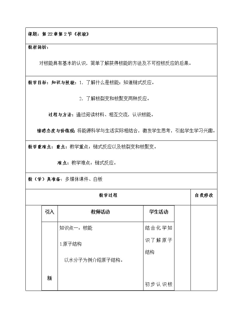人教版初中物理九年级二十二章第2节《核能》教学设计01