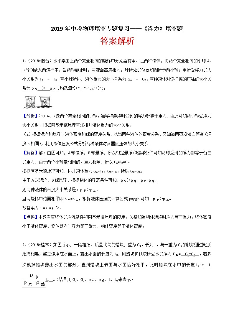 2019年中考物理填空专题复习——《浮力》填空题 （含解析）01