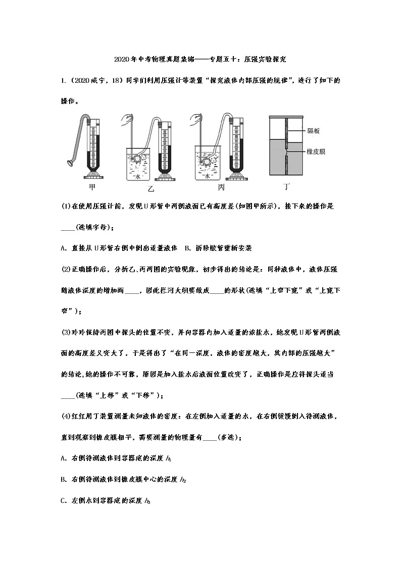 2020年中考物理真题集锦——专题五十：压强实验探究01