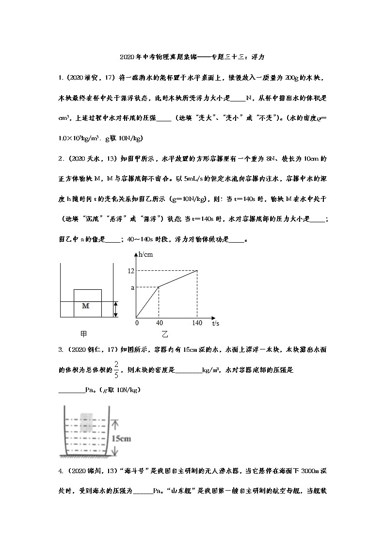 2020年中考物理真题集锦——专题三十三：浮力01