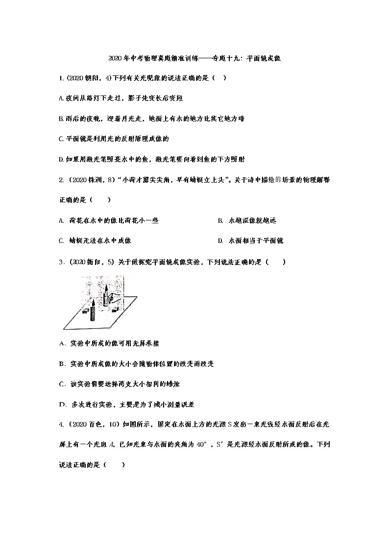 2020年中考物理真题精准训练——专题十九：平面镜成像01