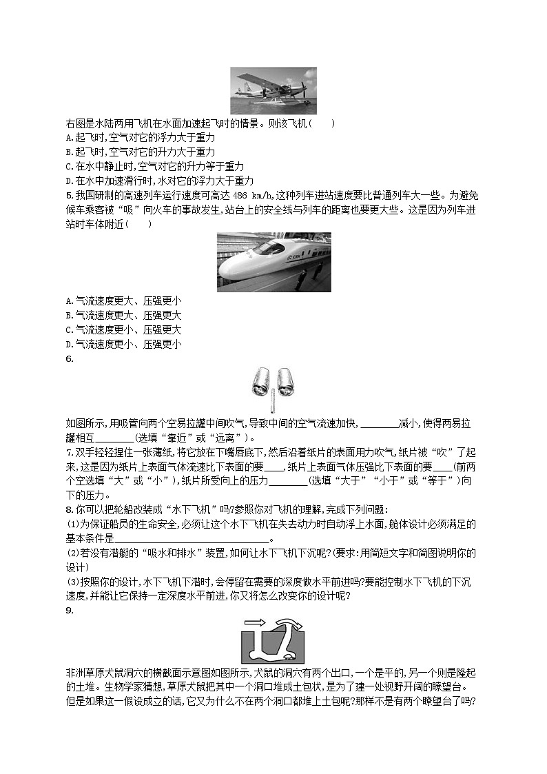 北师大版八年级物理下册8.7飞机为什么能上天 知能演练提升(含答案)02