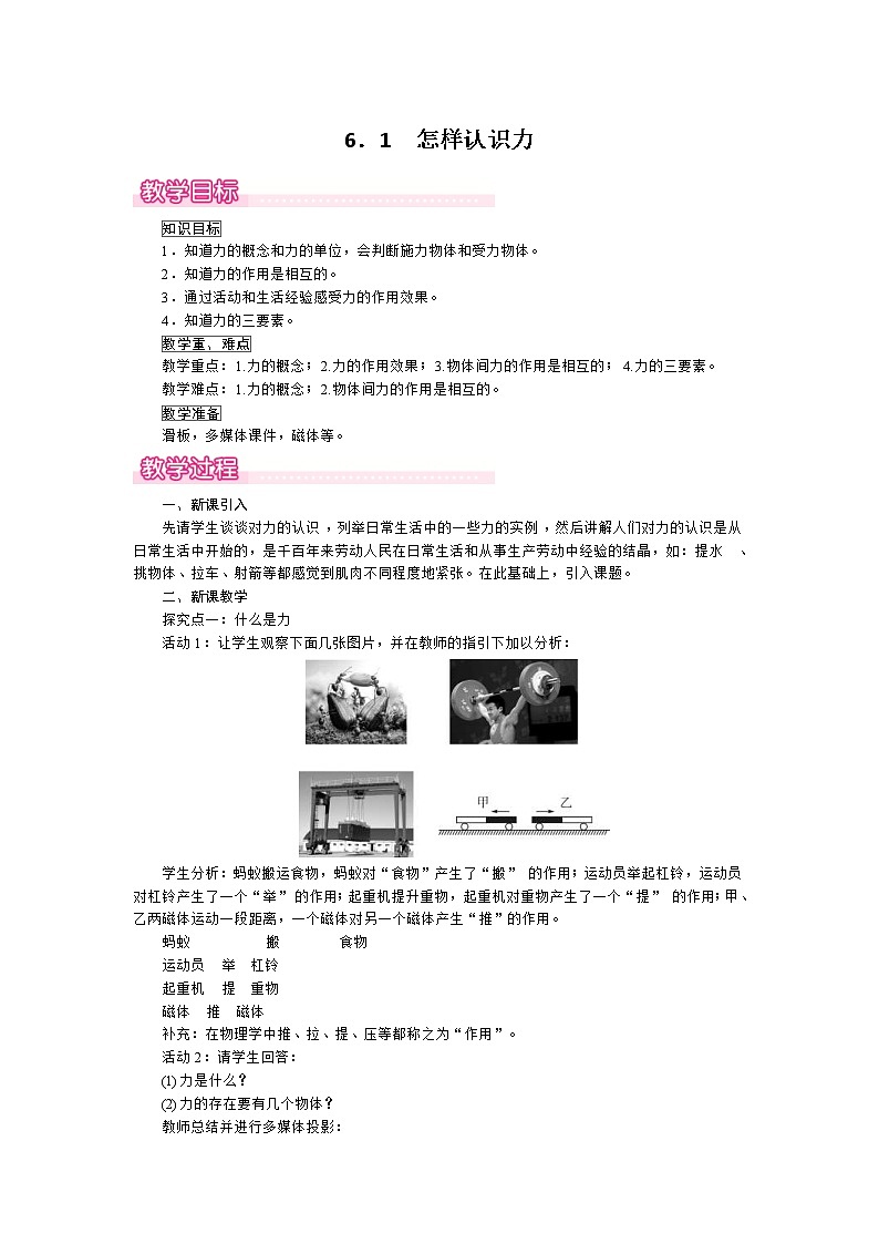 2021年沪粤版 八年级物理下册  6.1 怎样认识力 教案01