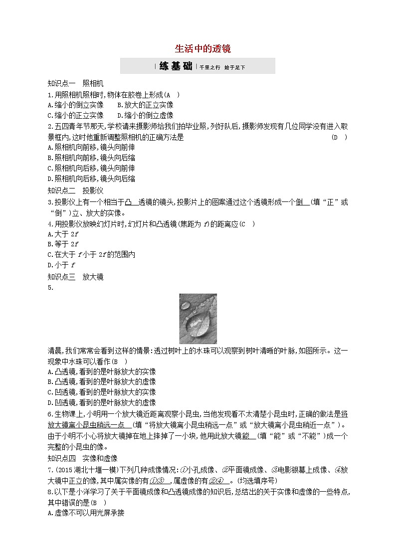 2020年人教版八年级物理上册5.2生活中的透镜 练习题(含答案)01