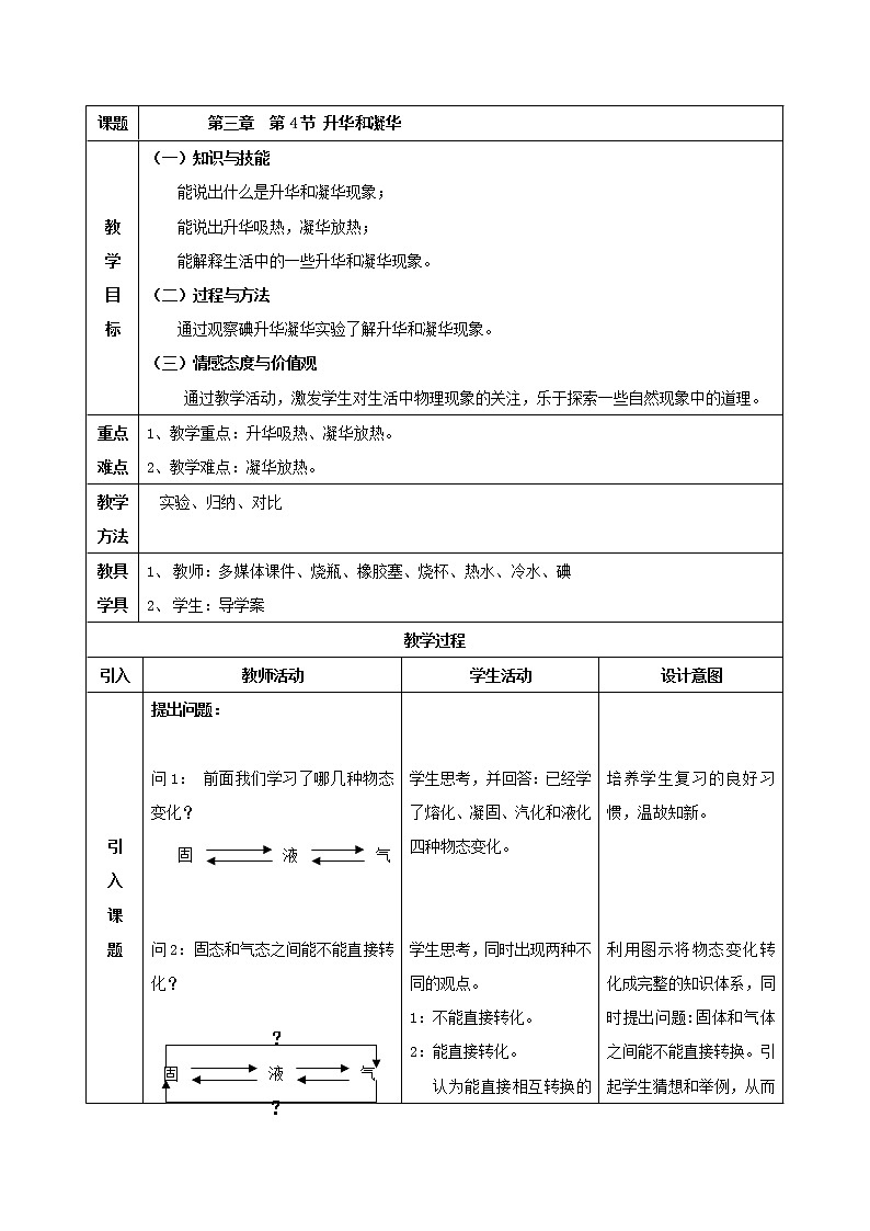 人教版八年级物理上册同步备课3.4 升华和凝华（教学设计）第1页