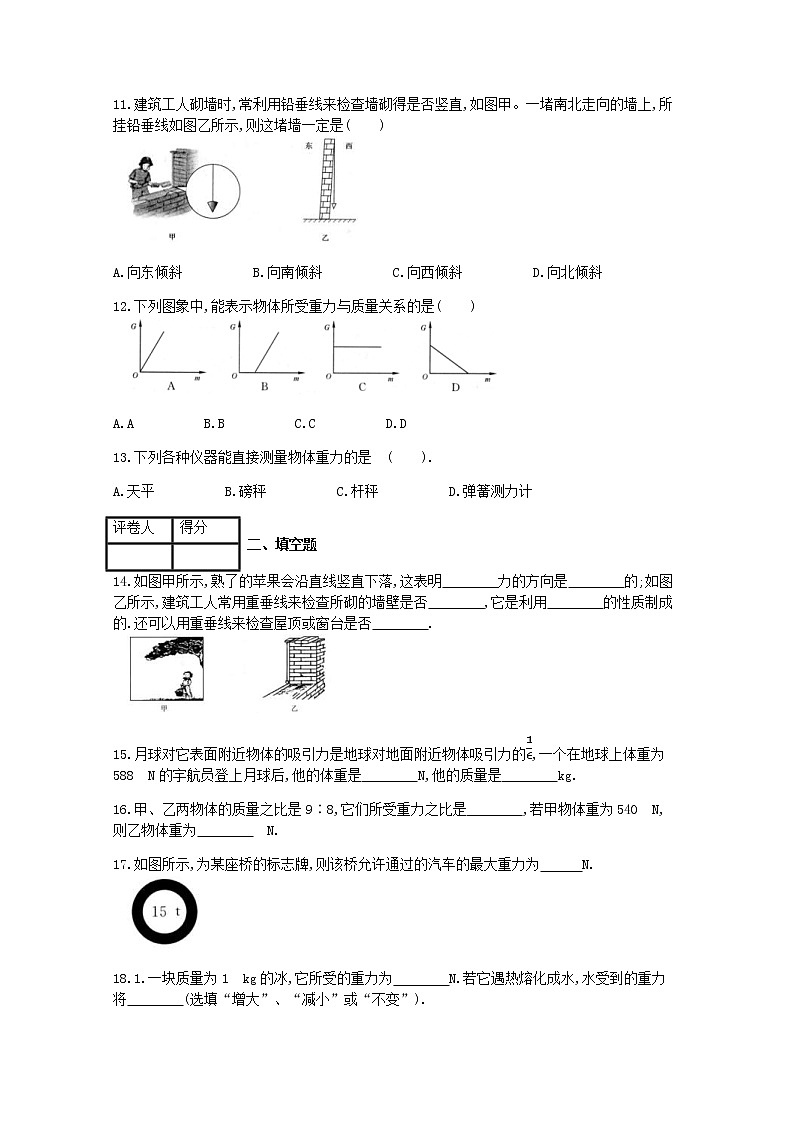 2021年人教版八年级物理下册第7章 第3节重力 课时练习(含答案)03