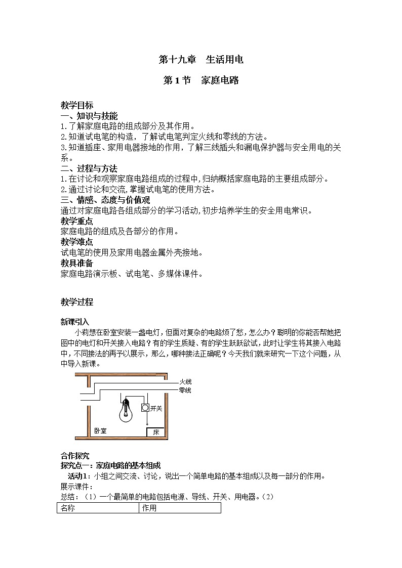 2021年人教版九年级物理下册 第19章第1节 家庭电路 教案01