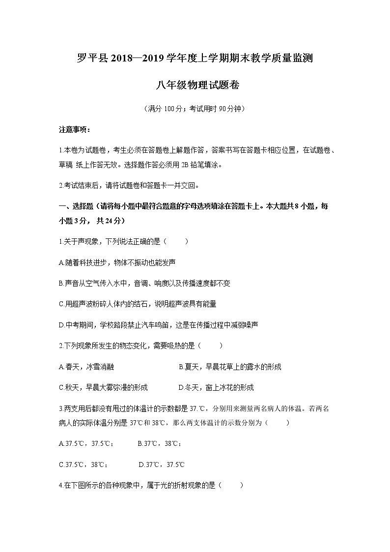 云南省曲靖市罗平县2018-2019学年度上学期期末教学质量监测八年级物理试题卷第1页