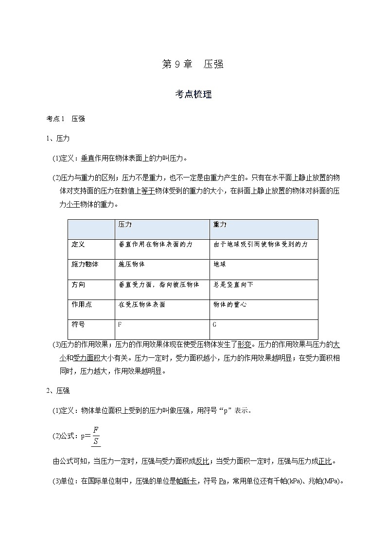 备战广东2021年中考物理一轮复习讲义 第9章  压强01