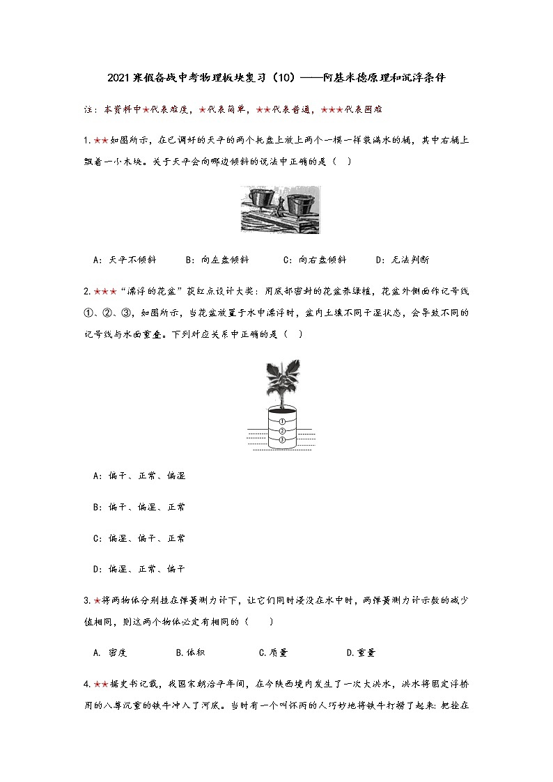 2021年寒假备战中考人教版物理板块复习 （10）——阿基米德原理和沉浮条件 无答案 试卷01