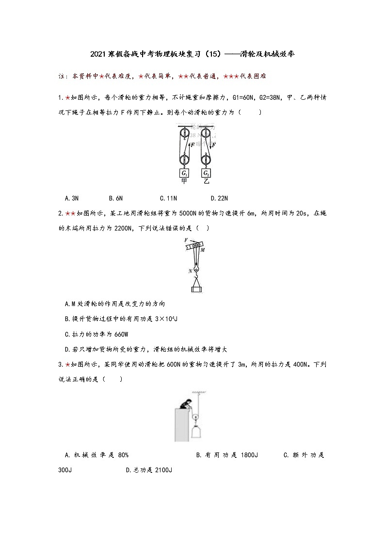 2021年寒假备战中考人教版物理板块复习 （15）——滑轮及机械效率 无答案 试卷01