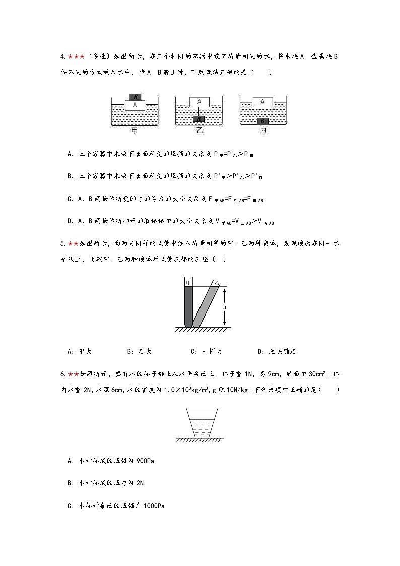 2021年寒假备战中考人教版物理板块复习 （8）——液体压强（无答案） 试卷02