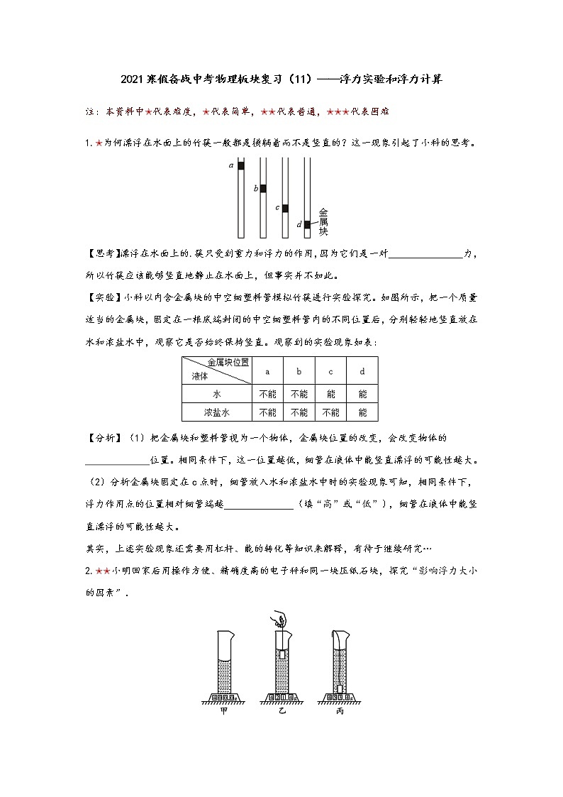 2021年寒假备战中考人教版物理板块复习 （11）——浮力实验和浮力计算（无答案） 试卷01
