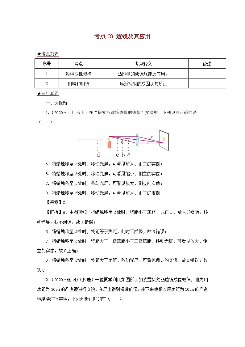 全国各地2018_2020三年中考物理真题分类详解汇编考点03透镜及其应用含解析01