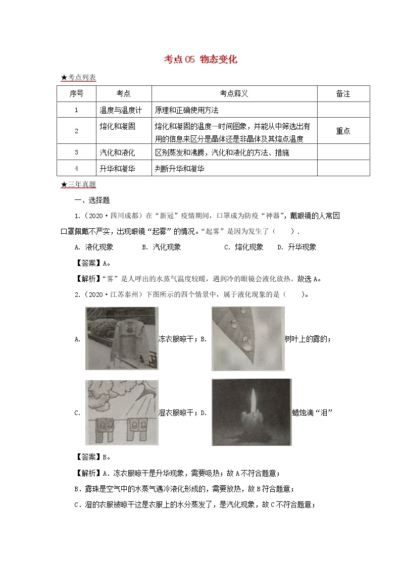 全国各地2018_2020三年中考物理真题分类详解汇编考点05物态变化含解析01