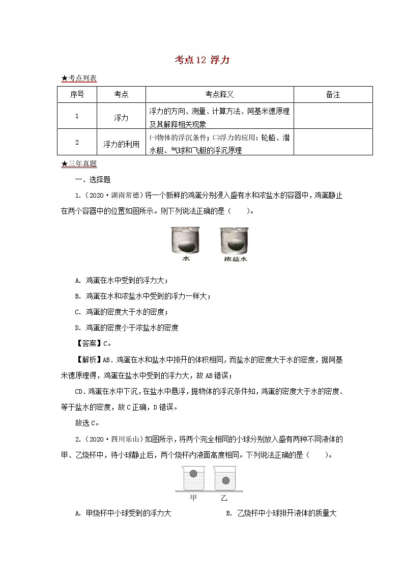 全国各地2018_2020三年中考物理真题分类详解汇编考点12浮力含解析01