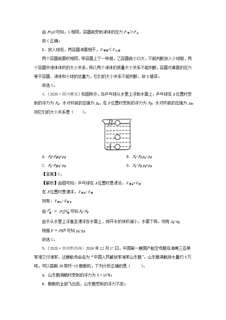 全国各地2018_2020三年中考物理真题分类详解汇编考点12浮力含解析03