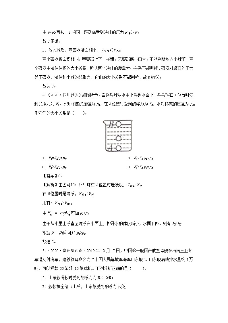 全国各地2018_2020三年中考物理真题分类详解汇编考点12浮力含解析03