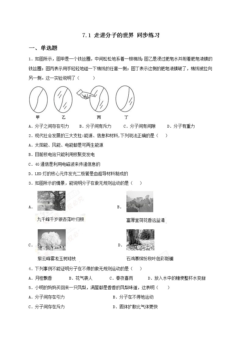 7.1 走进分子的世界 课件+作业（原卷+解析卷）-八年级物理下册同步备课系列（苏科版）01