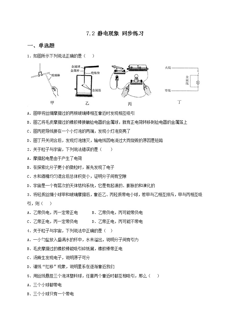 7.2 静电现象 课件+作业（原卷+解析卷）-八年级物理下册同步备课系列（苏科版）01