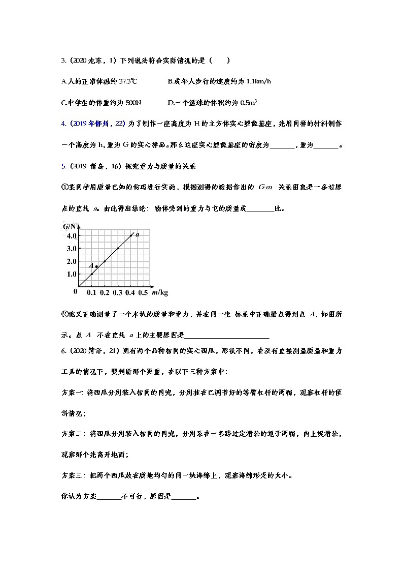 备战2021中考物理考点精准题练——专题三十：重力02