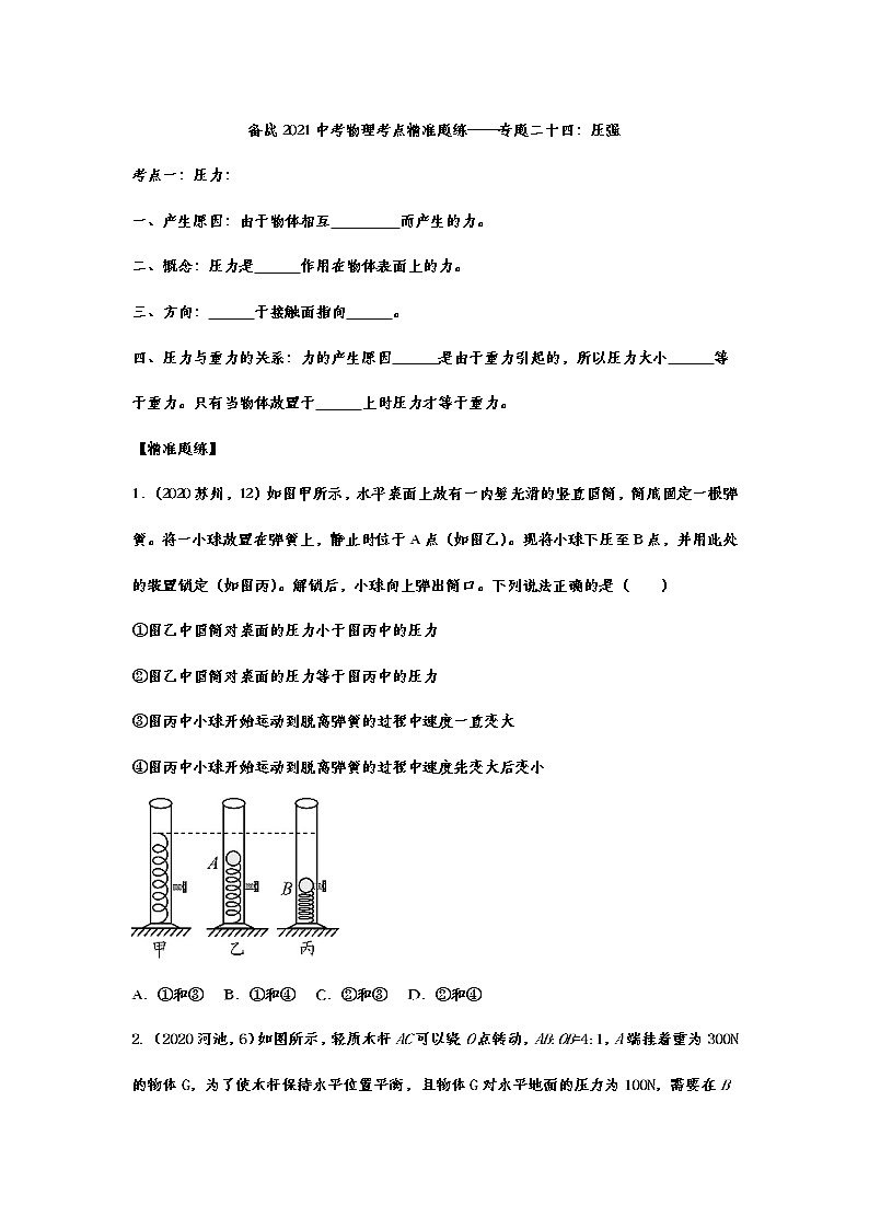 备战2021中考物理考点精准题练——专题二十四：压强01