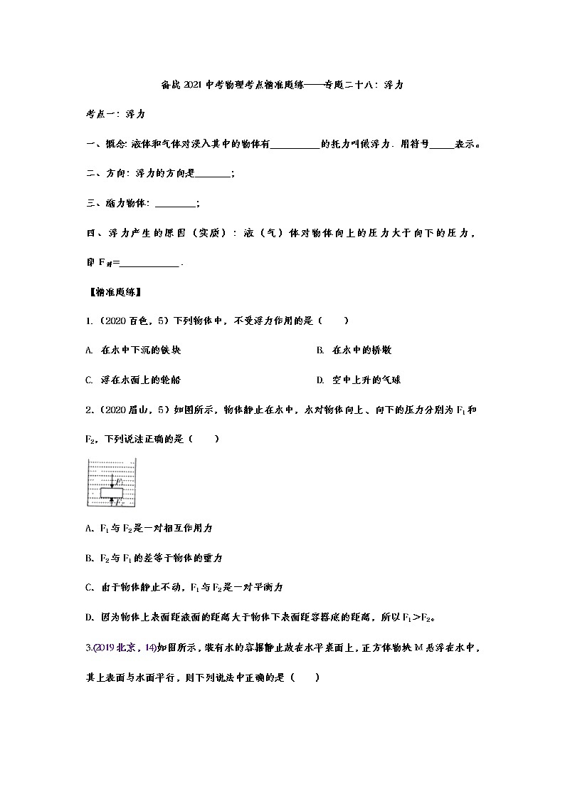 备战2021中考物理考点精准题练——专题二十八：浮力01